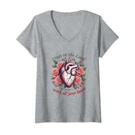Womens Trust in The Lord Christian Verse Floral Heart Tee V-Neck T-Shirt