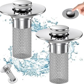 2-Pack Pop-Up Bathroom Sink Drain Strainer with Removable Stainless Steel Filter Basket - Universal Sink Stopper for Bathroom & Kitchen Basins:_2count