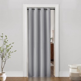 Sliding Hanging Room Divider,60 % - 70 % Soundproof Privacy Panel Keep Heat Out Fake Bi Folded Bifold Closet Door Curtains for Bedroom Doorway Hiding Bathroom Laundry Shelves,80 Inch Length,Light Grey