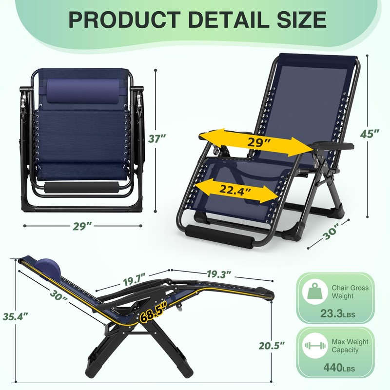 Suteck Oversized Zero Gravity Chair,29In XL Lounge Chair w/Removable Cushion&Headrest,