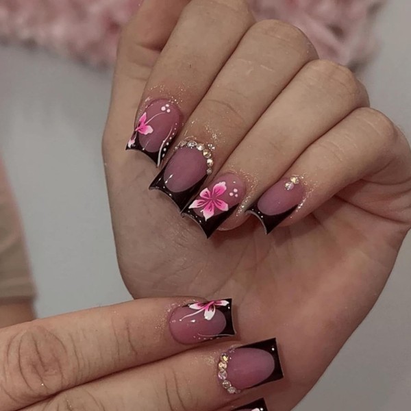 24PCS Short Square Press on Nails – Pink Flower &