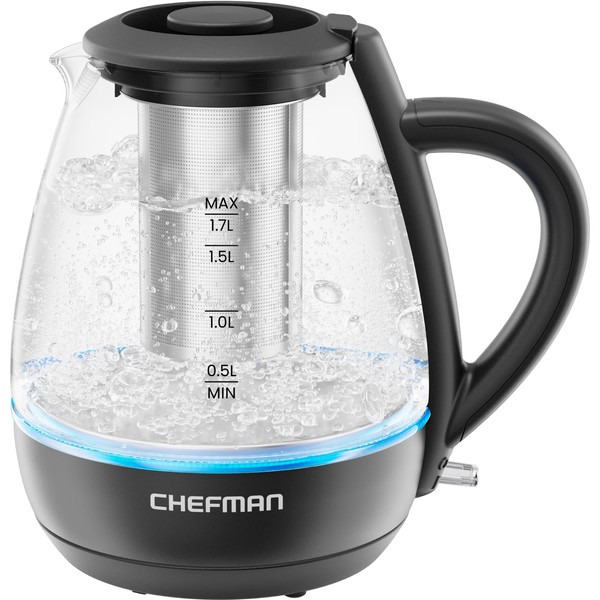 Chefman Electric Kettle with Tea Infuser, 1.7L 1500W, Removable Lid for Easy Cleaning, Boil-Dry Protection, Stainless Steel Filter, BPA Free, Auto Shut Off Hot Water Boiler, Glass Electric Tea Kettle
