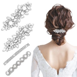 ACO-UINT Rhinestone Hair Clips for Women Silver Leaf Flower Sparkly Crystal Hair Barrettes with Pearls Hair Accessories for Wedding Bridal, Prom, Party (4 Pack)