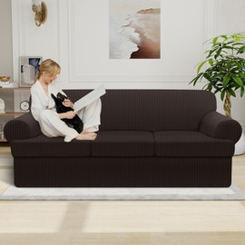 Pfrstuv Waterproof Couch Cover 4-Piece Set Striped Sofa Slipcovers for 3 Separate T Cushion Couch - TPU Fabric Sofa Covers Leakproof Couch Protector for Kids, Pets(3 Cushion Sofa, Coffee)