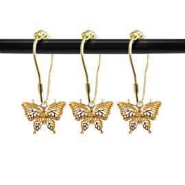 Set of 12 Butterfly Decorative Shower Curtain Hooks Garden Nature Insect Style Theme Home Shower Curtain Rings Decor Accessories Bathroom Rustproof (Gold)