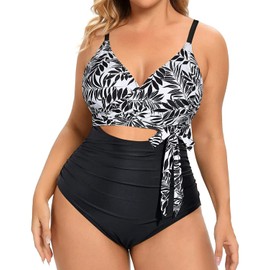 Daci Traje de baño de una pieza para mujer, talla grande, cintura alta, control de abdomen, traje de baño con espalda abierta, Negro (black Leaf), 14 Plus