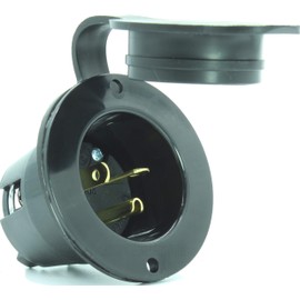 Journeyman-Pro 5378 20 Amp 120-125 Volt, NEMA 5-20P Flanged Inlet, 2500 Watt Black RV/Marine Commercial Grade, Straight Blade Plug Charger Receptacle (w/Back & Front Cover)