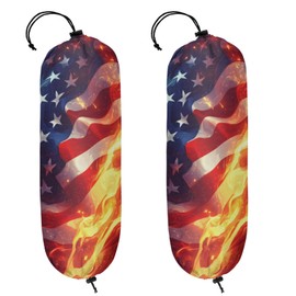 Kizmoglux Fire American Flag Plastic Bag Holder 2 Pcs Grocery Bag Organizer Reusable Trash Bags Organizer Wall Mount Washable Kitchen Dispenser Holders with Drawstring Closure
