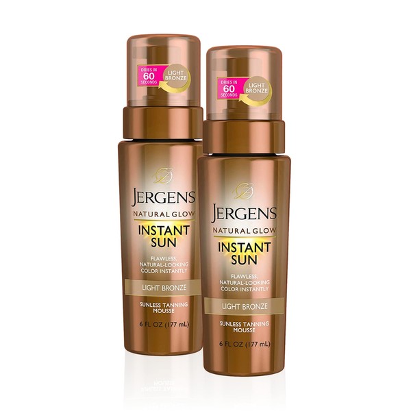 Jergens Natural Glow Instant Self Tanner Mousse, Sunless Tanning Light Bronze Tan, for a Natural-looking Tan, 6 Ounce (2 Pack)