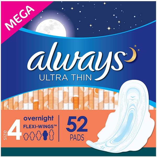 Always Ultra Thin, Size 4, Overnight Pads With Wings, Unscented, 52 Count (Pack of 3)