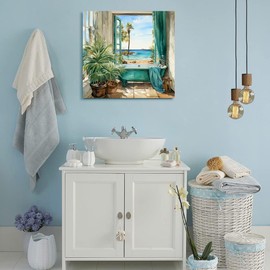 LAIART Bathroom Canvas Print Wall Art Decor Teal Bathtub Picture Sea ​​View from The Window Artwork