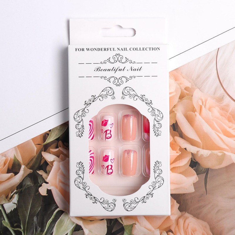 Valentine's Day Press on nails Medium, 24Pcs Square Heart Glitter