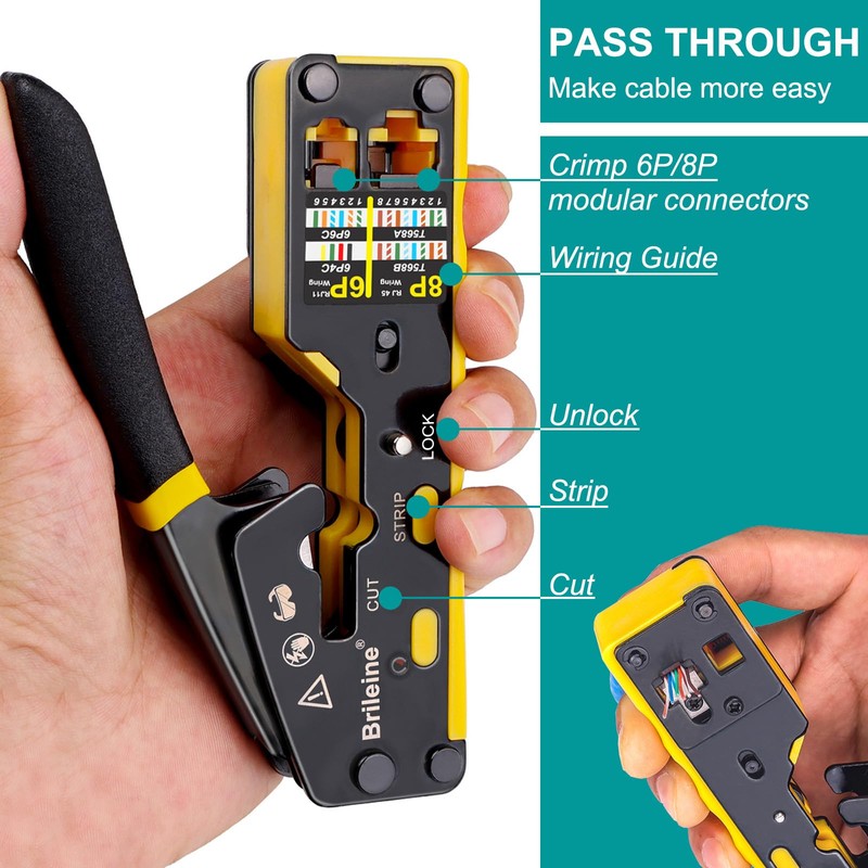Brileine RJ45 Crimp Tool Pass Through Crimper for RJ45 Connectors