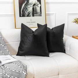 Vfuty Set of 2 Black Boho Faux Leather Decorative Throw Pillow Covers 22x22 Inch for Living Room Couch Bed Sofa, Modern Solid Square Cushion Case, Rustic Farmhouse Home Decor