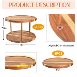 Reallnaive 6 Pcs 11" Acacia Wood Lazy Susan Organizer Include 2 Pcs 2 Tier Spice Rack 4 Round Revolving Turntable Tray for Cabinet Kitchen Countertop Pantry Table Organization Coffee Bar