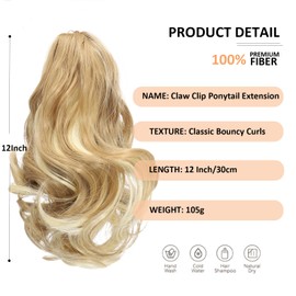Webshaiy 12" Short Ponytail Extension, Claw Clip in Ponytail Hair Extensions Natural Curly Wavy Synthetic Fake Pony Tail Hair Pieces for Women Daily Use Medium Blonde Highlight
