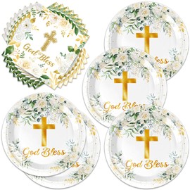 Frypeas 40Pcs God Bless Party Supplies Tableware Set First Communion 20 Plates and 20 Napkins for Newborn Baptism Church Party Decoration Serve 20 Guests