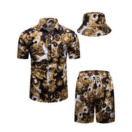 fohemr Outfit Men's Baroque 2-Piece Golden Chain Pattern Shirt Shorts with Bucket Hat Leisure Suit Summer Holiday Beach Set