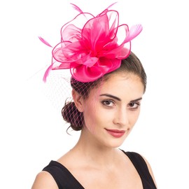 SAFERIN Fascinator for Women Hair Clip Hat Bowler Feather Flower Veil Wedding Party Hat Tea Hat（TA2-Fuchsia）