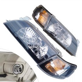 Headlights for 1993-1997 Toyota Corolla Sedan, Halogen Headlamps+Corner Lamps Left & Right, JDM Black Housing Clear/Yellow Lens