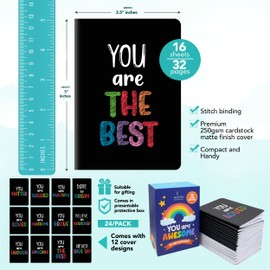 Decorably 24 Pack Inspirational Mini Notebooks for Kids - 12 Chalkboard Designs 3.5x5in Kids Notepads Party Favors, Stitch-Bound 16 Sheets