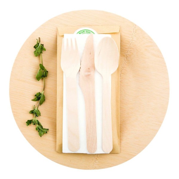 Wood Cutlery Set with Napkin in Pouch - Great For Parties or Catering - Utensil Set - Wooden Fork, Knife, Spoon and Napkin - 100ct Box - Restaurantware