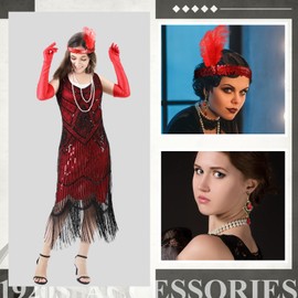 Croknit 1920s Couple Cosplay Costume Roaring Retro Gangster Costume Fringed Flapper Dresses for Women 1920 Mens Outfit(Black and Red,XL)
