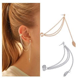 EQLEF 2 Pairs Leaf Earrings Ear Cuffs Girls Stylish Punk Dangle Earring Rock Long Chain Earring Tassel Dangle Ear Cuff Chain Warp Earring Silver and Gold Earrings, Metal, No Gemstone