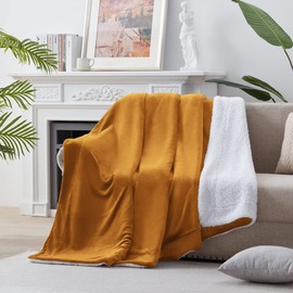 KAWAHOME Sherpa Fleece Queen Size Blanket for Bed - Extra Warm and Heavy Thick Blankets for Winter, Super Soft 500GSM Plush Blanket, 90"X 90" Ginger Yellow
