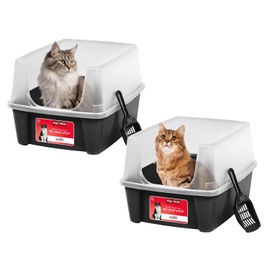 IRIS USA Cat Litter Box Large Open Top with High Sided Walls Tall Scatter Shield Scoop Included Easy Clean Plastic Pan Stain Resistant for Cats Kittens Indoor Multi-Cat Households 2-Pack Black