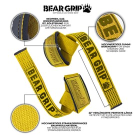 BEAR GRIP Straps - Premium Neoprene Padded, Double Stitched Heavy Duty Weight Lifting Straps with Gel Grip, 100% Cotton, Extra Long Length (Yellow)