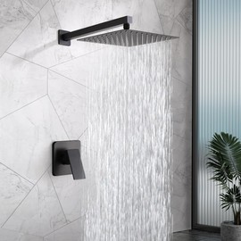 POP SANITARYWARE Matte Black Shower Faucet Set Bathroom Rainfall Mixer 10 Inch Shower Head System Single Handle Shower Trim Kit with Valve