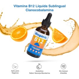 Bioganic Vitamina B12 Lquida Sublingual, Vegana, Sin Azcar Aadida, Sin Gluten, Sabor Naranja-Mandarina Envase de 60 mL, 240 Porciones, Alcanza hasta  