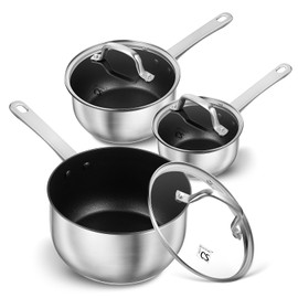 KOCH SYSTEME CS Stainless Steel Saucepan Set, 1QT & 2QT & 3QT Stainless Steel Sauce Pan with Nonstick Coating, Stainless Steel Pot Set, Induticon Sauce Pan Sets with Lids, Easy to Clean, Oven Safe