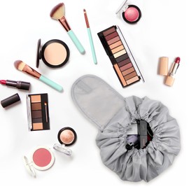 Sahunfri Lazy Drawstring Makeup Bag for Women,Flat Lay Cosmetic Makeup Bag for Cosmetics, Makeup Tools,Travle Pouch Storage Organiser (Grey)