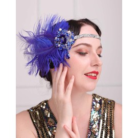 Anglacesmade 1920s Flapper Feather Headband Royal Blue Sapphire Great Gatsby Headpiece with Sparkling Crystal Head Chain Masquerade Hair Accessories for Women and Girls
