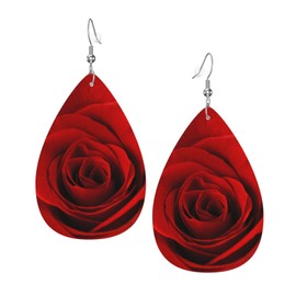 Red Rose Faux Leather Earrings, Teardrop Dangle Earrings, Lightweight Dangle For Women