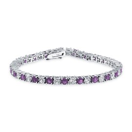 Bling Jewelry Purple White Alternating Simulated Amethyst Round Cubic Zirconia 12.00 CT 4 Prong Basket Set Solitaire AAA CZ Tennis Bracelet for Women Prom Bride Silver Plated 7.5 Inch