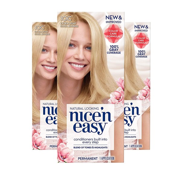 Clairol Nice'n Easy Permanent Hair Color, 10C Extra Light Cool Blonde, Pack of 3