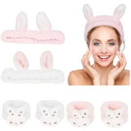 YISSION 6Pcs Face Wash Headbands and Wristbands Set Bunny Ears Headbands Spa Headband Makeup Headband Skincare Headbands with Wristbands for Women Girls Washing Face(White Pink)