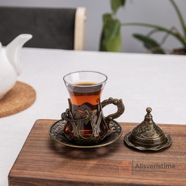 Alisveristime (Set of 6 Handmade Turkish Tea Water Zamzam Serving Set Glasses Saucer and Spoon (Antik Green)