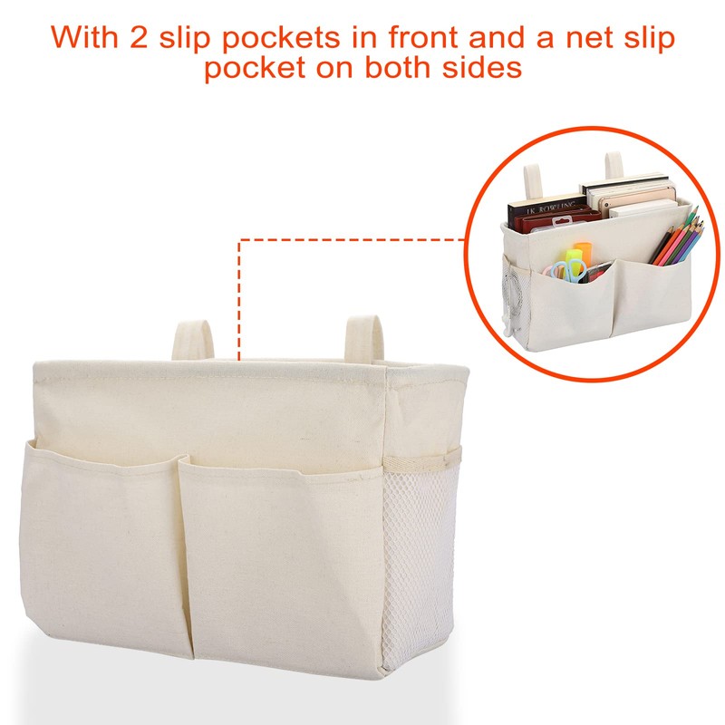 IGNPION Canvas Bedside Hanging Storage Bed Pockets Baskets-Adjustable Hanging Tape