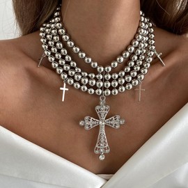 WLL Gold Silver Chunky Cross Necklace for Women Exaggerated Ball Beaded Chain Layered Choker Necklace Big Crystal Cross Pendant Hip Hop Bib Statement Necklace Jewelry for Women (silver)
