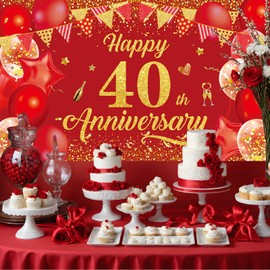 Red Gold Happy 40th Anniversary Banner, 40th Wedding Anniversary Decorations Banner for Women Men 40th Anniversary Party, 40th Wedding Anniversary Party Indoor Outdoor Decor 70.8 * 43.3 inch