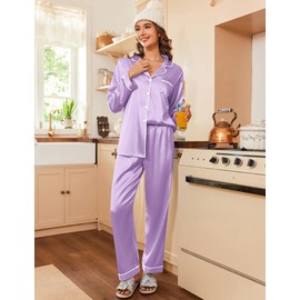 Ekouaer Women Satin Pajamas Set Classic Button Down Long Silk Pjs Set,Large,Lavender