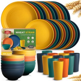 Teivio 48-Piece Kitchen Wheat Straw Dinnerware Set, Service for 12, Dinner Plates, Dessert Plate, Cereal Bowls, Cups, Unbreakable Colorful Plastic Outdoor Camping Dishes, Autumn Multicolor