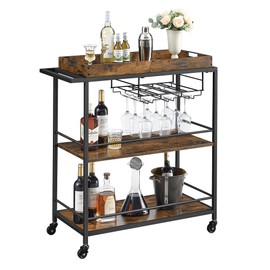 VASAGLE Kitchen Serving Cart with Removable Tray, 3-Tier Kitchen Utility Cart on Wheels with Storage, with Brakes, Leveling Feet, 15.7 x 34.6 x 37.8 Inches, Rustic Brown and Black ULRC093B01