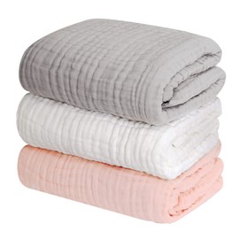 Keratta Baby Bath Towel, Baby 6 Layered Gauze, 41.3 x 41.3 inches (105 x 105 cm), Square, Dull Color (Gray, White, Pink)