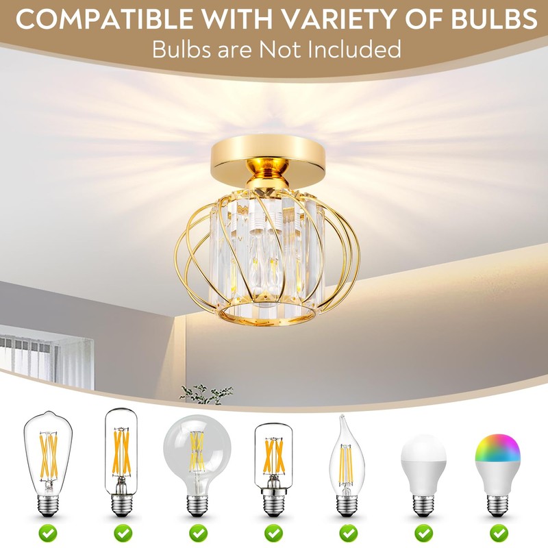 GIGGI Crystal Gold Ceiling Light, E27 Semi-Flush Ceiling Lights, Modern