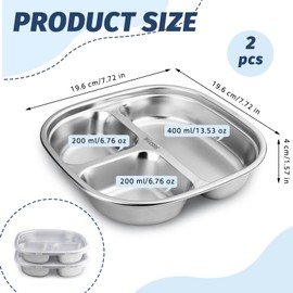 Thatyro 2 PCS 316 Stainless Steel 3 Compartments Plates with Lids, Metal Divided Plates Tray, Sectioned Plates Dishes Dinnerware Set for Food Portion Control Lunch Dinner Adult Home School (2)